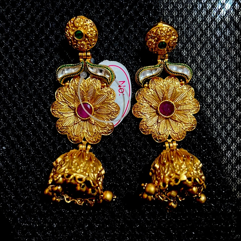 Gold jhumka red/green kundan Indian dangle earrings